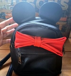Mouse Ears Mini Backpack - Black Faux Leather Bag Red Bow - Adjustable Straps